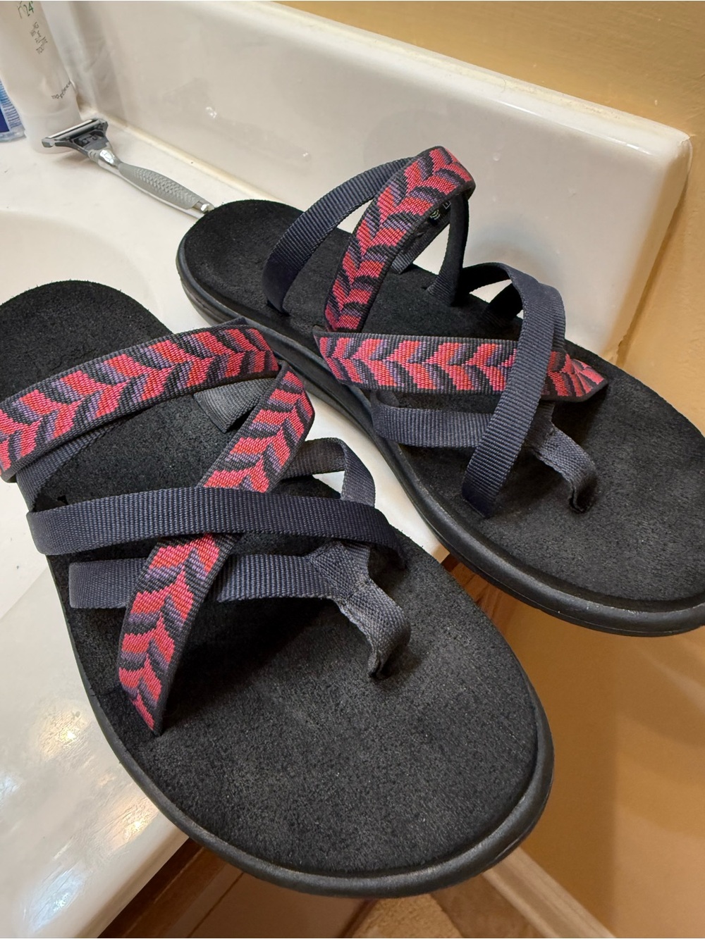 Teva Black Sandals with Red Chevron Straps